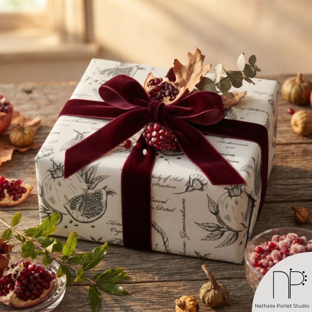Granatapfel und Mittelmeer-Motte Geschenkpapier (Elegant hand-drawn vintage pomegranate and European moth study in gray ink for nature lover)