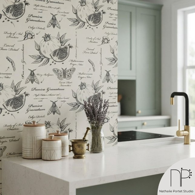 Granatapfel- und Mittelmeermotte Tapete (Modern country pomegranate pattern with illustrations of pomegranates and moths in dark gray)