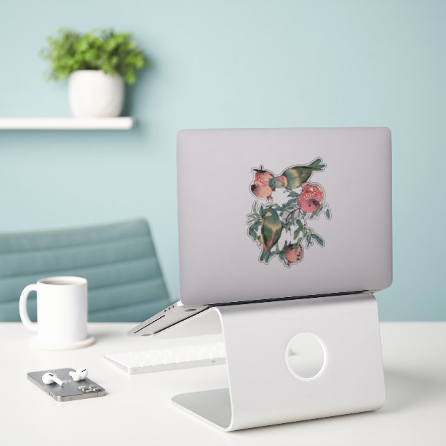 Granatapfelfrüchte & Lovebirds Aufkleber (Laptop auf Schreibtisch)