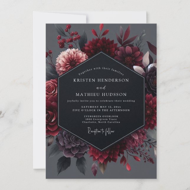 Granatrote Botanische Hochzeit Einladung (Vorderseite)