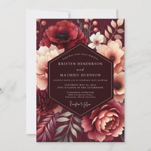 Granatrote Florale Hochzeit Einladung (Vorderseite)