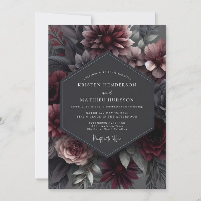 Granatrote Somber Bloom Hochzeit Einladung (Vorderseite)