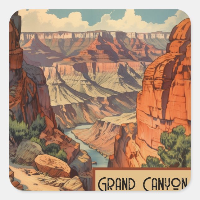 Grand Canyon Retro Reisedesign Quadratischer Aufkleber (Vorderseite)