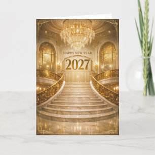 Grand Gold Art Deco Treppe Neujahr 2027 Feiertagskarte