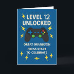 Grand Grandson 12. Geburtstagsspiel-Controller-Alt Karte<br><div class="desc">Feiern Sie Ihren 12. Geburtstag mit diesem kühnen und spielerischen Design! "Level 12 Unlocking" erscheint oberhalb eines farbenfrohen Controllers, umgeben von Blitzschrauben auf einem hellblauen Hintergrund, ideal für Spieler, die Gaming und gute Zeiten genießen. Die innere Botschaft jubelt um all das Gute, das er der Welt bringt, und lasse ihm...</div>