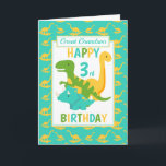 Grand Grandson Dinosaurier 3. Geburtstag Blau Karte<br><div class="desc">Eine lustige dritte Geburtstagskarte für Ihren Urenkel. Diese helle dritte Geburtstagskarte bietet einen Cartoon-grünen T-Rex Dinosaurier, einen gelben Brontosaurus und einen blauen Triceratops, ein Set auf einem blauen und gelben Dinosaurier-Hintergrund Ein schönes niedliches Design für einen kleinen Jungen, der drei Jahre alt sein wird. Das Geburtstagsalter und der Urenkel auf...</div>