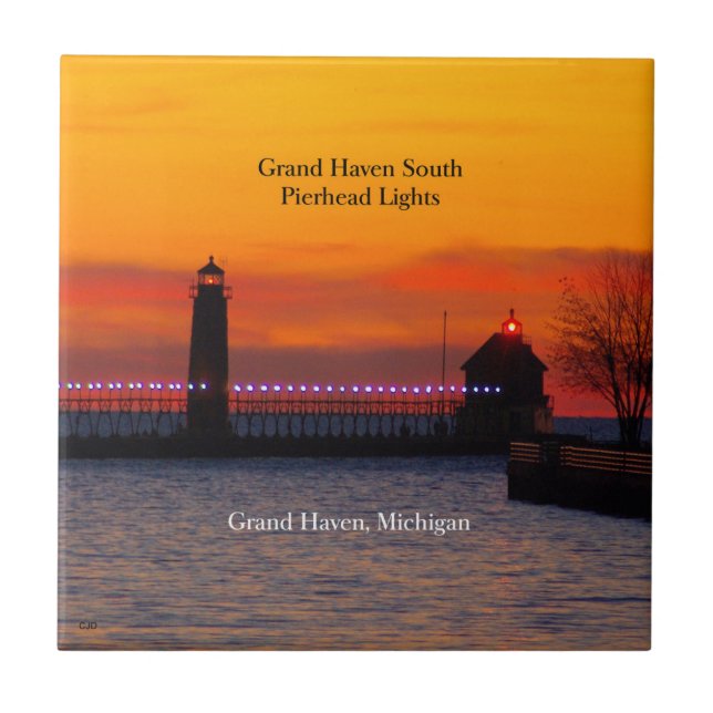 Grand Haven South Pierhead Lights Sonnenuntergang Fliese (Vorderseite)