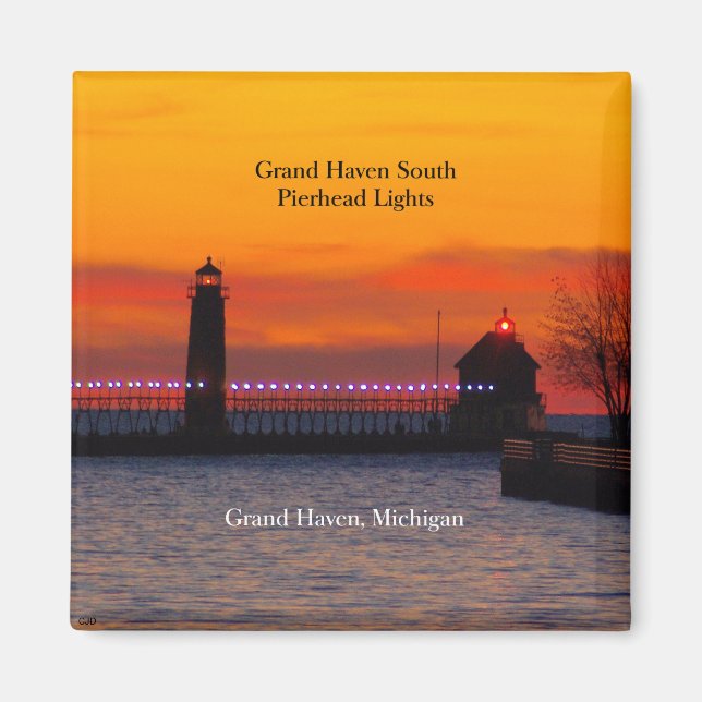 Grand Haven South Pierhead Lights Sonnenuntergangs Magnet (Vorne)