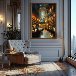 Grand Library Interior in Impressionist Style Poster
