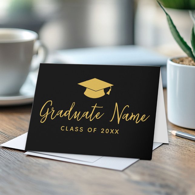 Grand Name Script mit Cap - Black Gold Abschluss Karte (Custom Graduation Note Card)