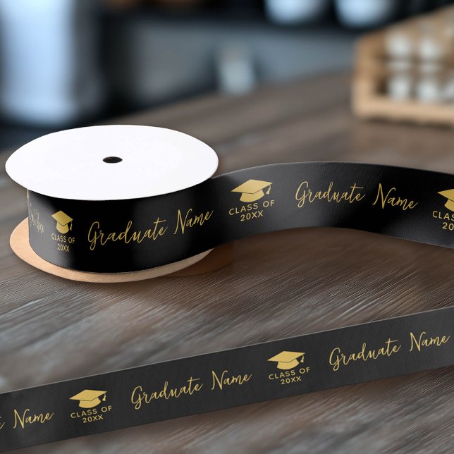 Grand Name Script mit Cap - Black Gold Abschluss Satinband (Custom Graduation Ribbon)