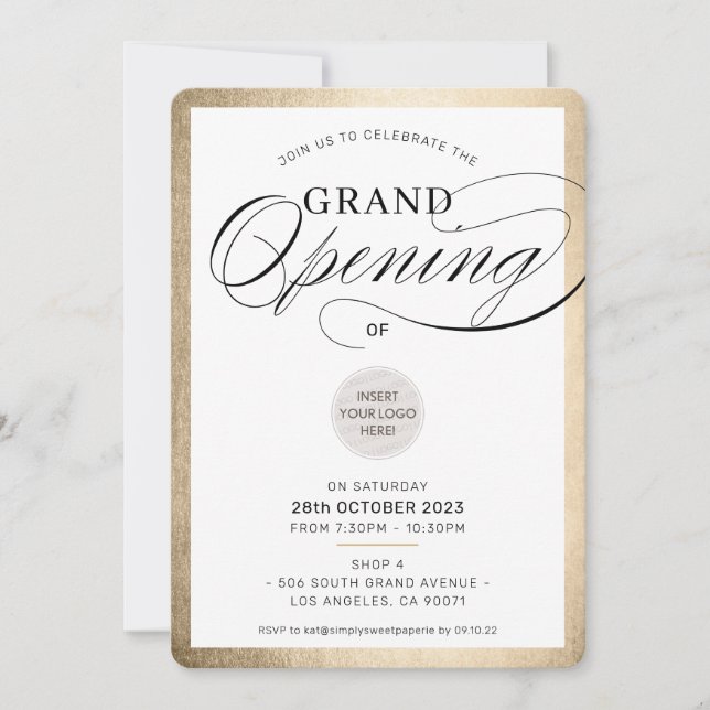 GRAND ÖFFNEN Moderne Veranstaltung schwarzes Gold Einladung (Vorderseite)