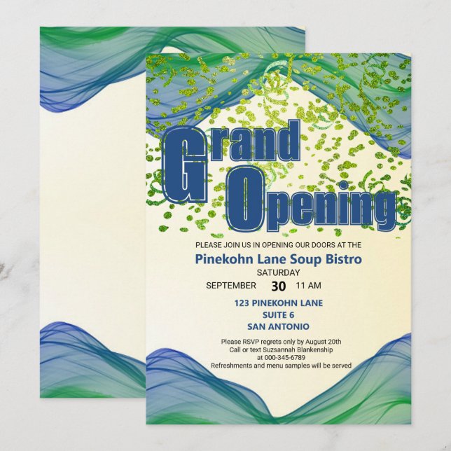 Grand Opening Blue Green Border Waves Einladung (Vorne/Hinten)