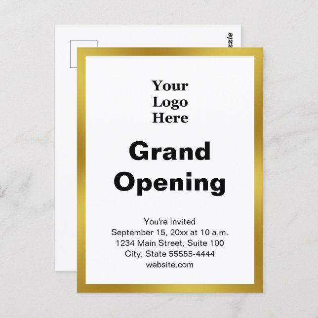 Grand Opening Business Logo Gold White Invitation Postkarte (Vorne/Hinten)