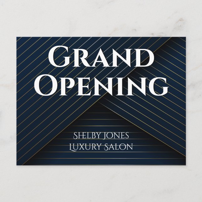 Grand Opening Elegant Navy Blue Gold Business Postkarte (Vorderseite)