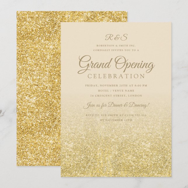 Grand Opening Gold Glam Glitzer Cream Einladung (Vorne/Hinten)