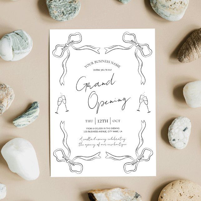 Grand Opening Hand Drawn Black & White Business Einladung (Elegant hand drawn whimsical business grand opening event invitations in black and white)
