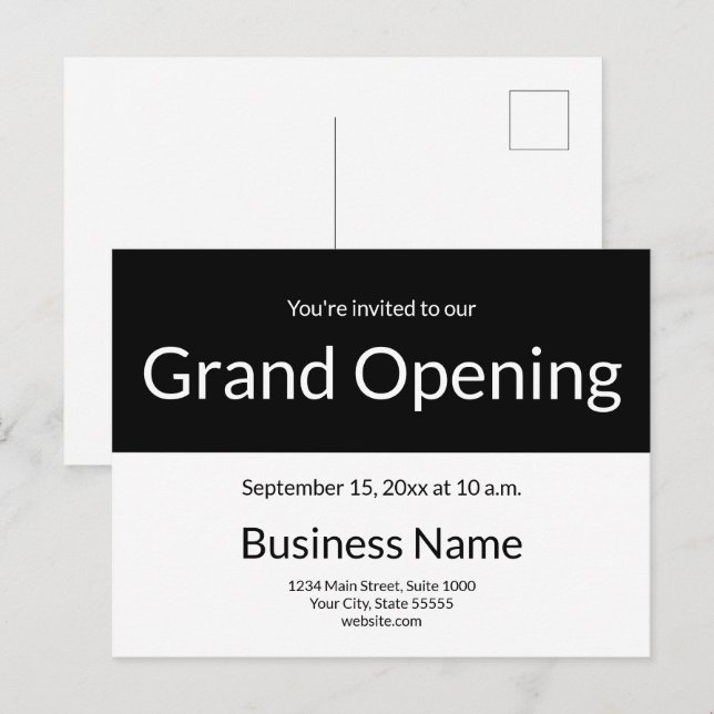 Grand Opening Invitation Business Black and White Postkarte (Vorne/Hinten)