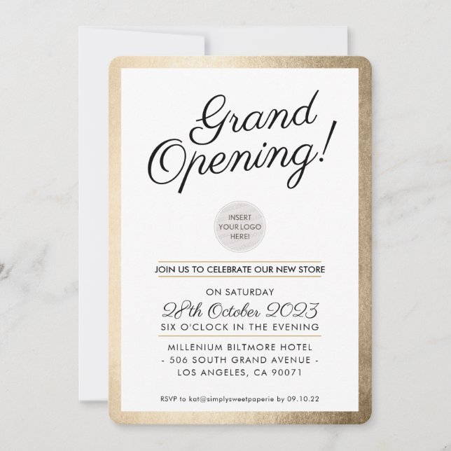 GRAND OPENING PARTY - Modernes Business Gold Einladung (Vorderseite)