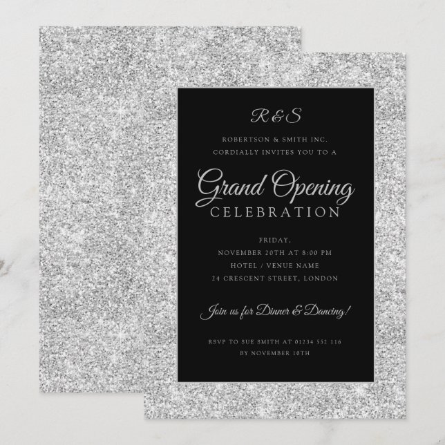 Grand Opening Silver Glitzer Einladung (Vorne/Hinten)