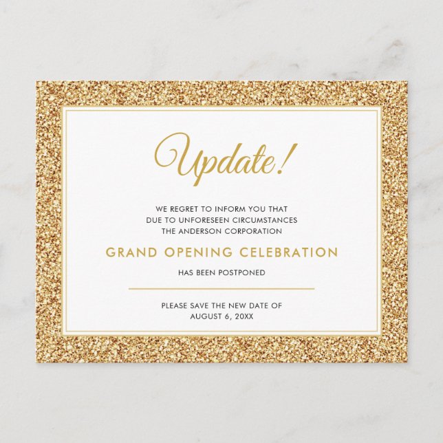 Grand Opening Update annulliert Gold Glitzer Postkarte (Vorderseite)