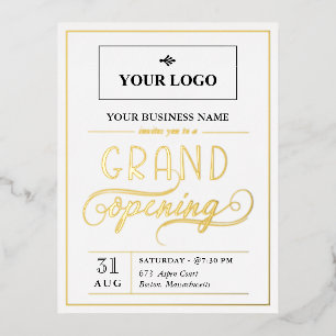 Grand Opening von White Black & Gold-Logos Folie Einladungspostkarte