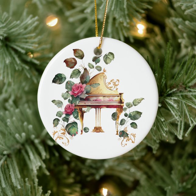 Grand Piano und Blumenweihnachtsdekoration Keramik Ornament (Baum)