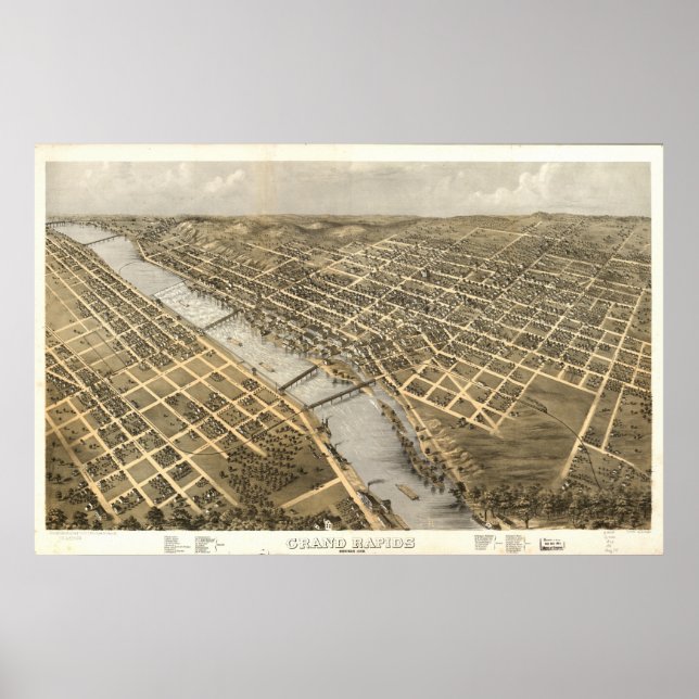 Grand Rapids Michigan 1868 Antique Panoramabalkart Poster (Vorne)