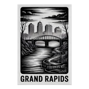 Grand Rapids Michigan Skyline Schwarz Weiß Holzsch Poster