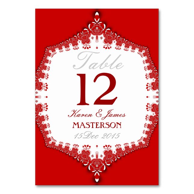 Grand Red+White Lace Hochzeitskarte Tischnummer Ca (Vorderseite)