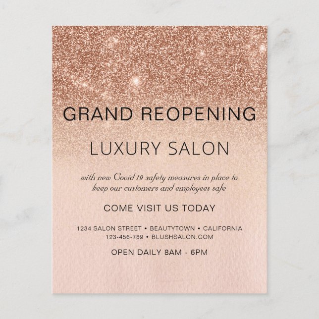 Grand ReÖffnungs-Rose Gold Luxus Glitzer Salon Flyer (Vorne)