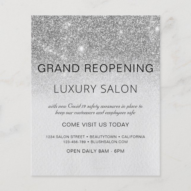 Grand Reopening Silver Modern Glitter Salon Flyer (Vorne)