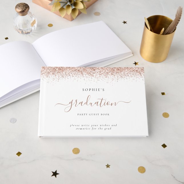 Grand Rose Gold Glitzer Graduation Party 2024 Gästebuch (Vorderseite Offen)