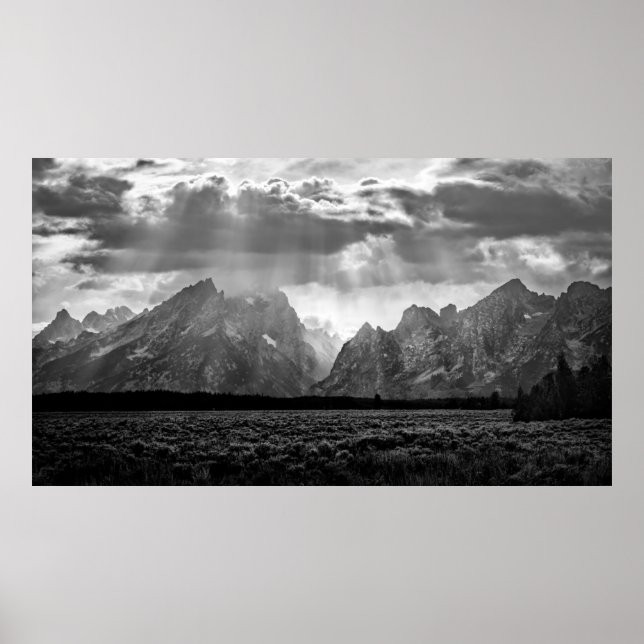 Grand Teton Mountain Range in Schwarz und Weiß Poster (Vorne)