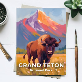Grand Teton National Park | Bison Reise Kunst Postkarte