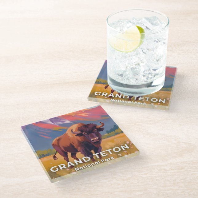 Grand Teton National Park | Bison Travel Art Glasuntersetzer (Schrägansicht)