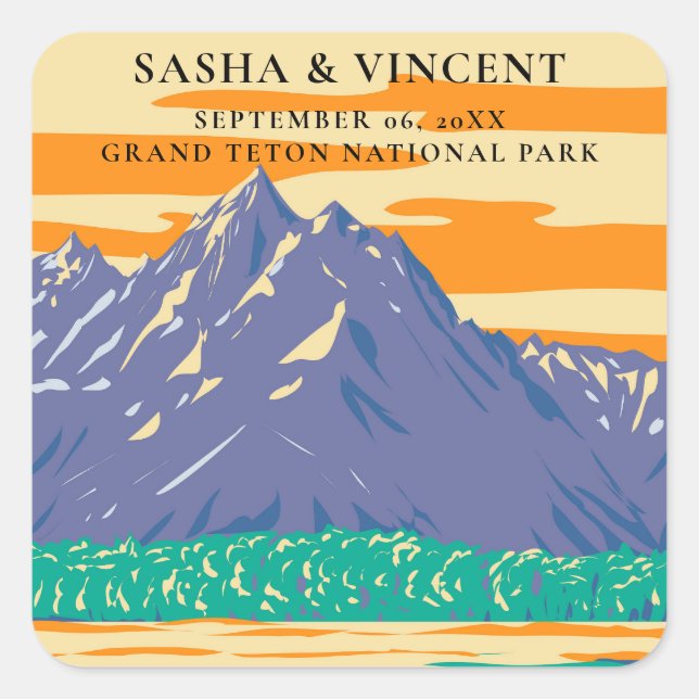 Grand Teton National Park Wedding Retro Quadratischer Aufkleber (Vorderseite)