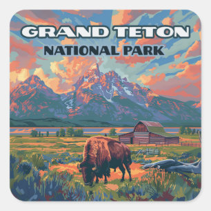 Grand Teton Nationalpark Berge Bison Wyoming Quadratischer Aufkleber
