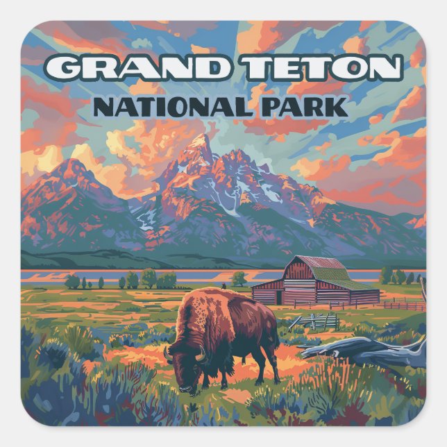 Grand Teton Nationalpark Berge Bison Wyoming Quadratischer Aufkleber (Vorderseite)
