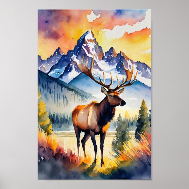 Grand Teton Nationalpark Elk Wyoming Wasserfarbe Poster (Vorne)
