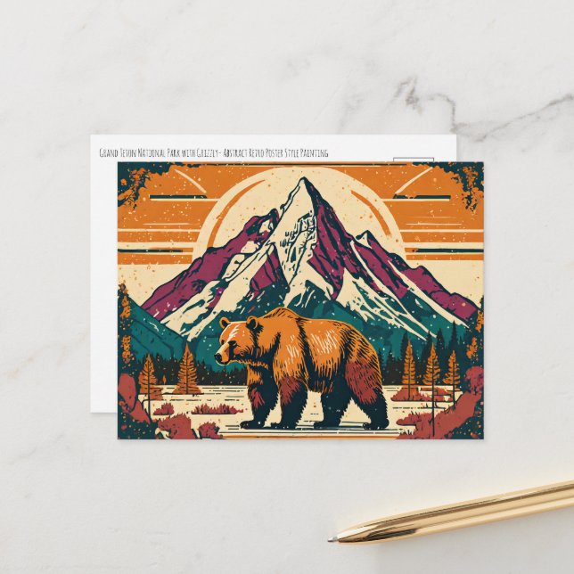 Grand Teton Nationalpark Grizzly Retro Malerei Postkarte (Vorderseite/Rückseite Beispiel)
