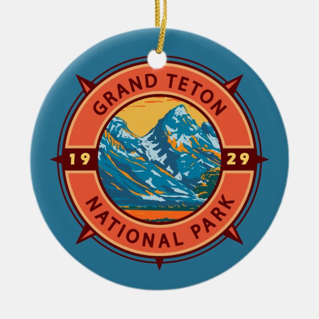 Grand Teton Nationalpark Retro Kompass Emblem Keramik Ornament (Vorne)