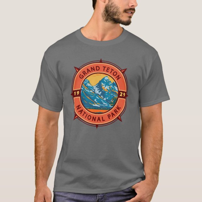 Grand Teton Nationalpark Retro Kompass Emblem T-Shirt (Vorderseite)