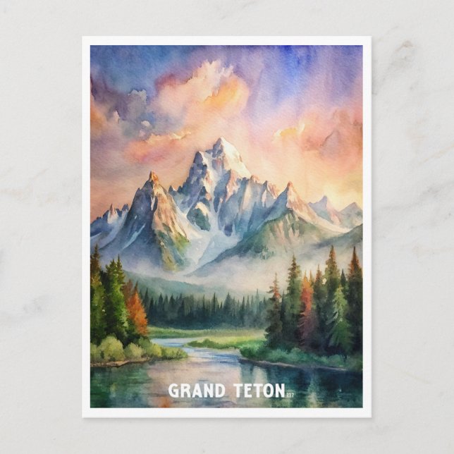Grand Teton Nationalpark Wasserfarben Malerei Postkarte (Vorderseite)