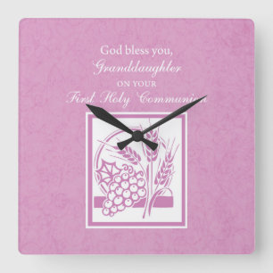Granddaughter First Communion, Pink Quadratische Wanduhr
