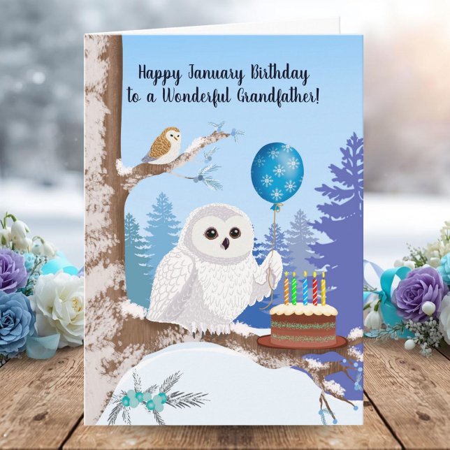 Grandfather Happy January Birthday Snowy Owl Karte (Von Creator hochgeladen)