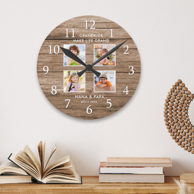 Grandkids Make Life Grand 4 Photo Collage Wood Runde Wanduhr (Von Creator hochgeladen)