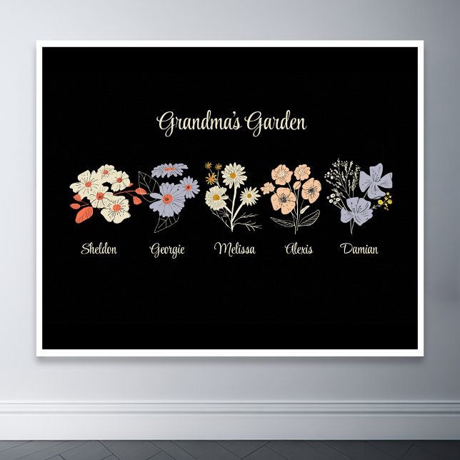 Grandma Blumengarten Custom 5 Name Vintag Blumenge Poster (grandma flower garden with grandkids name floral poster)
