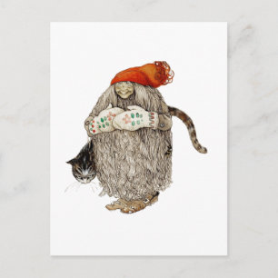 Grandma Christmas Tomten with Gray Cat Feiertagspostkarte