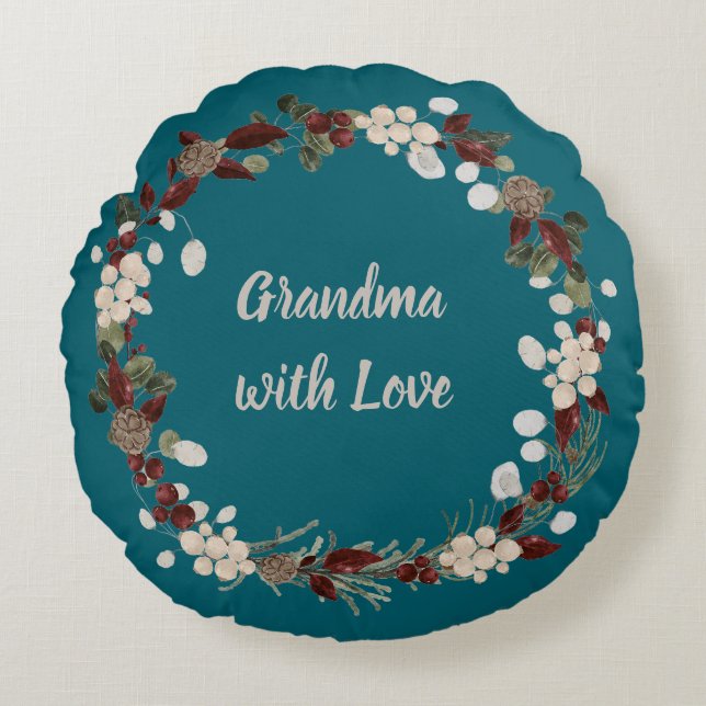 Grandma Christmas wreath on a rich teal  Rundes Kissen (Vorderseite)